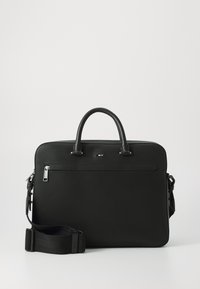 Borsa per laptop nera con texture, dotata di doppi manici e tracolla regolabile. Include una tasca anteriore con zip e un design elegante e rettangolare.