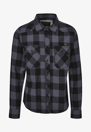 Camisa de cuadros en gris y negro. Cuenta con dos bolsillos en el pecho, mangas largas y un cuello estándar. Está hecha de una tela suave.