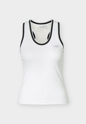 Λευκό γυναικείο αμάνικο αθλητικό τοπ με μαύρη επένδυση γύρω από τις μασχάλες και το ντεκολτέ, με το λογότυπο "Ted Baker Sport" στο στήθος και στο εσωτερικό του γιακά.