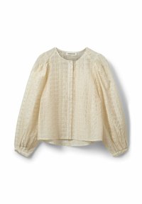 Kerman paita, jossa on teksturoitu muotoilu, pyöreä kaulus ja puffatut pitkät hihat. Sisältää kirjonnapitsikuvioita ja napitus. 