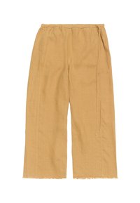 Light brown, wide-leg pants made of linen with an elastic waistband. Features frayed hem and side pockets for practical use.