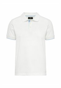 Biała koszulka polo z jasnoniebieskim kołnierzykiem i wykończeniem, posiadająca zapięcie na trzy guziki, krótkie rękawy oraz haftowane logo na klatce piersiowej.