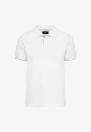 Biała koszulka polo z jasnoniebieskim kołnierzykiem i wykończeniem, posiadająca zapięcie na trzy guziki, krótkie rękawy oraz haftowane logo na klatce piersiowej.
