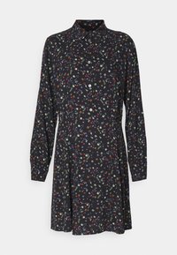 Abito camicia nero con maniche lunghe, chiusura a bottoni e stampa floreale in vari colori su uno sfondo scuro. Tessuto morbido con una leggera forma a trapezio.