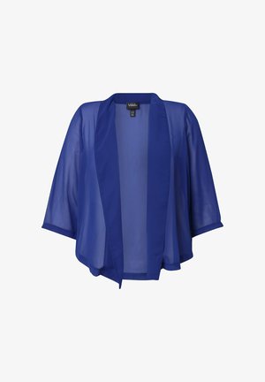 Translucenter blauer Kimono-Stil-Jacke mit lockerer Passform, Dreiviertelärmeln und offener Vorderseite. Leichtes Material ohne Verschlüsse oder Muster.