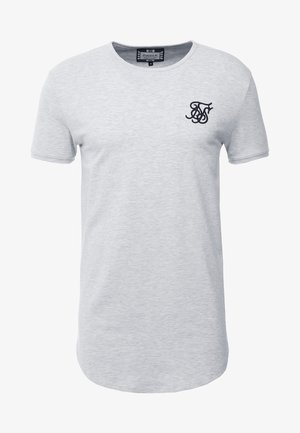 Hellgraues T-Shirt mit kurzen Ärmeln und Rundhalsausschnitt, mit kleinem schwarzem, gesticktem Logo auf der linken Brust und abgerundetem Saum.