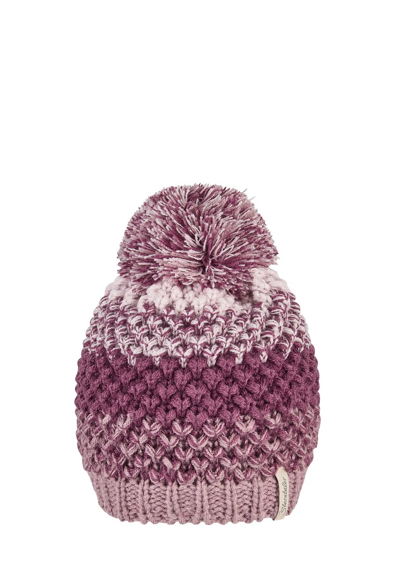 Knitted purple and pink beanie with a large pom-pom on top and a small fabric label on the cuff.