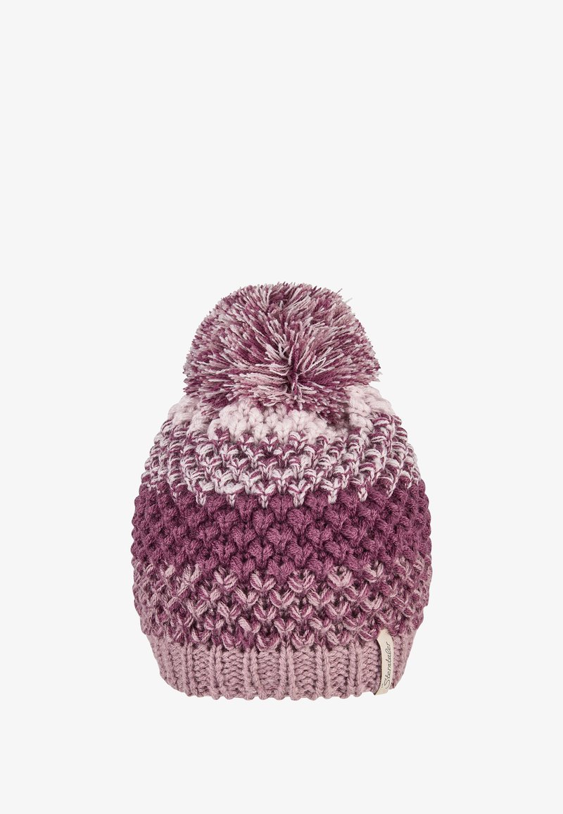 Knitted purple and pink beanie with a large pom-pom on top and a small fabric label on the cuff.