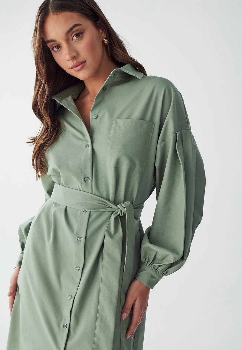 sage green shirt dress Sage Green Jacquard Tiered Shirt Dress with Waist Tie