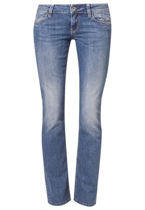 Jean en denim bleu délavé à jambes droites, avec poches avant, passants pour ceinture et fermeture à boutons, présenté sur un fond blanc.