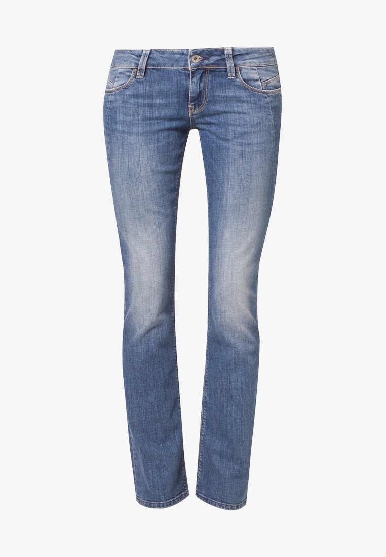 Jean en denim bleu délavé à jambes droites, avec poches avant, passants pour ceinture et fermeture à boutons, présenté sur un fond blanc.