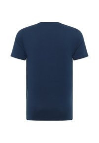 Granatowa koszulka z krótkim rękawem wykonana z miękkiej bawełny. Posiada okrągły dekolt i gładkie plecy bez wzorów czy ozdób.