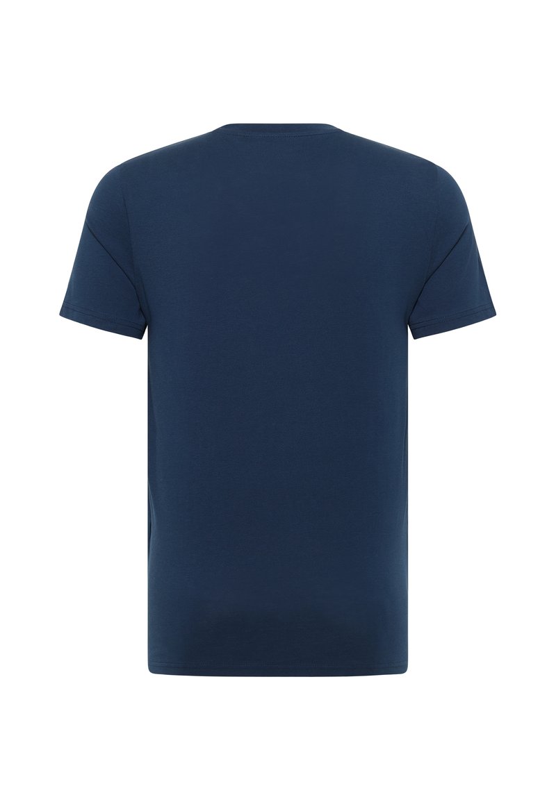 T-shirt bleu marine à manches courtes en coton doux. Il présente un col rond et un dos uni sans motifs ni embellissements.