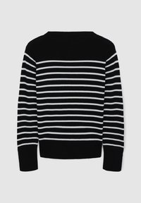 Gestreifter Pullover in Schwarz und Weiß mit Rundhalsausschnitt, langen Ärmeln und einer figurnahen Passform, der gleichmäßige horizontale Streifen aufweist.