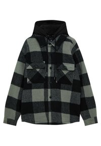 Veste à carreaux noire et grise à boutons, avec deux poches poitrine et une capuche noire attachée avec cordons.