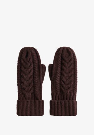 Dark brown knitted mittens with cable pattern and ribbed cuffs, shown flat with thumbs visible on white background.
