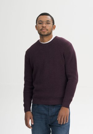 Mann mit kurzen Haaren und Brille, der einen dunkelvioletten Strickpullover und blaue Jeans trägt und vor einem schlichten hellen Hintergrund steht.