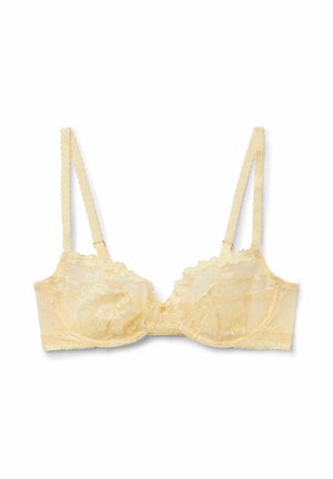 Hellgelber Spitzen-Bügel-BH mit verstellbaren gewellten Trägern und floraler Stickerei, flach auf weißem Hintergrund dargestellt.