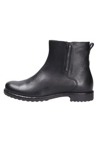 Stivale alla caviglia nero realizzato in pelle texturizzata, caratterizzato da una punta liscia, tacco basso, zip laterale e design minimalista. Suola in gomma con grip.