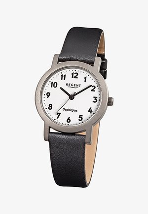 Montre-bracelet ronde argentée avec cadran blanc, chiffres noirs, aiguilles des heures et des minutes noires, et bracelet en cuir noir affichant l'heure 10:10:37.