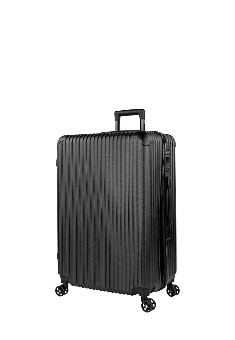 Maleta negra de carcasa dura con textura acanalada vertical, asa retráctil, 4 ruedas y cierre de cremallera con candado de combinación.
