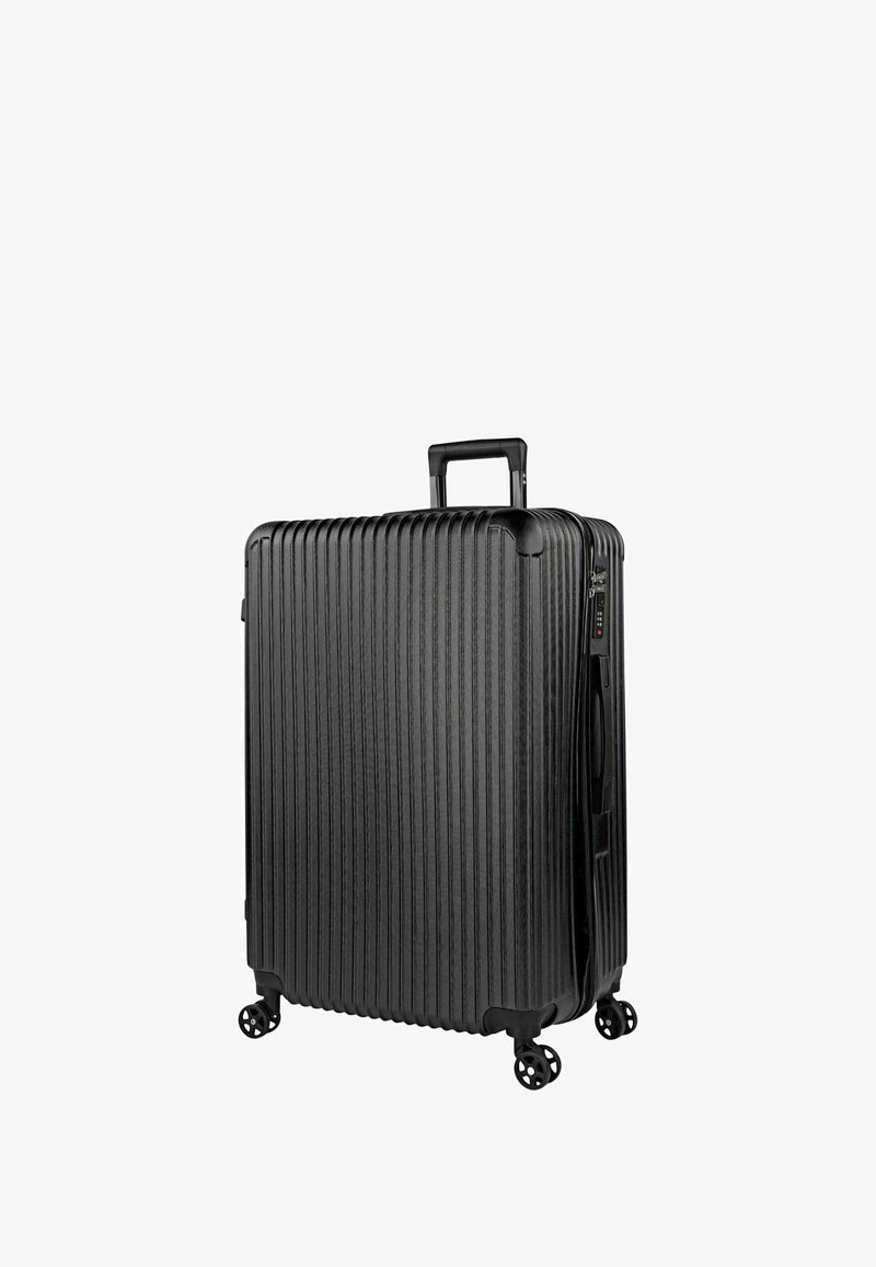 Maleta negra de carcasa dura con textura acanalada vertical, asa retráctil, 4 ruedas y cierre de cremallera con candado de combinación.