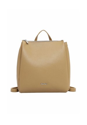 Beige leather backpack with top handle, zipper closure, and adjustable shoulder straps, featuring a small metallic brand logo on front.