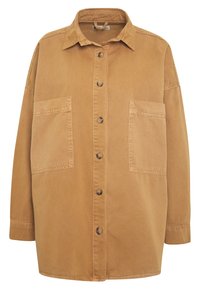 Camicia marrone con bottoni realizzata in cotone, dotata di colletto, due tasche sul petto e maniche lunghe con polsini a bottone.
