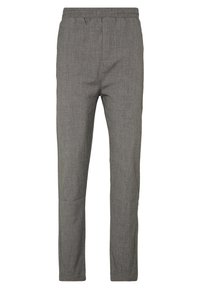 Grå, vävda byxor med elastisk midja och smalande design. Har sidfickor och ett subtilt fiskbensmönster.