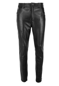 Zwarte leren broek met slim fit, voorzien van een ritssluiting aan de voorkant, knoopsluiting en vijf zakken. Gladde textuur met een glanzende afwerking.
