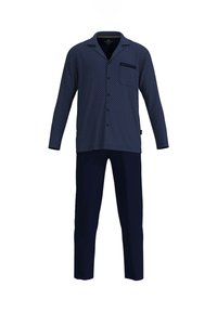 Navy blue pajama set featuring a long-sleeve button-down top with a small pocket and patterned detail, paired with matching straight-leg pants.