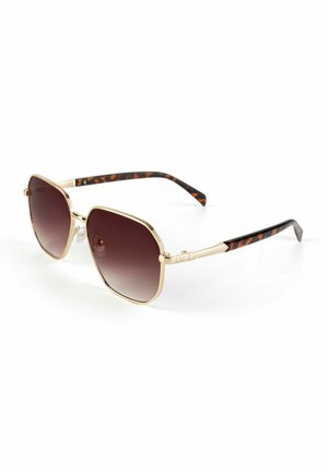 Gold-framed sunglasses with a hexagonal shape, dark brown gradient lenses, and black tortoiseshell-patterned temple arms.