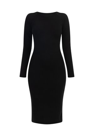 Fekete, hosszú ujjas ruha, amely illeszkedő szabású, bordázott textúrájú, kerek nyakkivágással és térd alá érő szoknyával rendelkezik. Egyszerű, varrás nélküli kialakítás, minták nélkül.