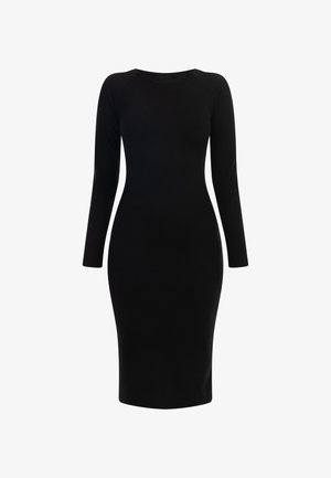 Zwarte langmouwen jurk met een aansluitende silhouet, geribbelde textuur, ronde halslijn en een knielang zoom. Eenvoudig, naadloos ontwerp zonder patronen.