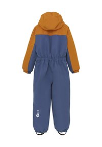 Den färgglada sn Overall har en blå huvuddel, orange övre del och elastisk midja. Inkluderar huva och elastiska ärmslut för värme.