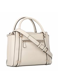 Sac à main en cuir couleur crème avec doubles poignées, bandoulière ajustable, poche avant zippée et accents de garniture noire.