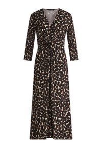 Robe à manches longues marron et noire à pois avec un décolleté en V et un détail de nœud froncé à la taille, tombant jusqu'à un ourlet long.