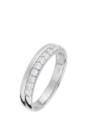 Silver band ring with a row of small round clear gemstones set across the top half, marked with "925" inside the band.
