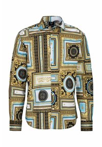 Hemd mit einem auffälligen Mehrfachmuster-Design in Gold, Schwarz und Blau, mit Knöpfen vorne, langen Ärmeln und einem strukturierten Kragen.