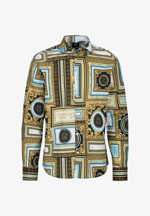 Hemd mit einem auffälligen Mehrfachmuster-Design in Gold, Schwarz und Blau, mit Knöpfen vorne, langen Ärmeln und einem strukturierten Kragen.
