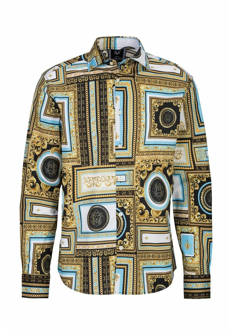 Hemd mit einem auffälligen Mehrfachmuster-Design in Gold, Schwarz und Blau, mit Knöpfen vorne, langen Ärmeln und einem strukturierten Kragen.