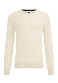 Béžový svetr vyrobený z měkké tkaniny, s kulatým výstřihem a pruhovaným lemováním, dlouhými rukávy a přiléhavými manžetami. Jednoduchý design bez vzorů.