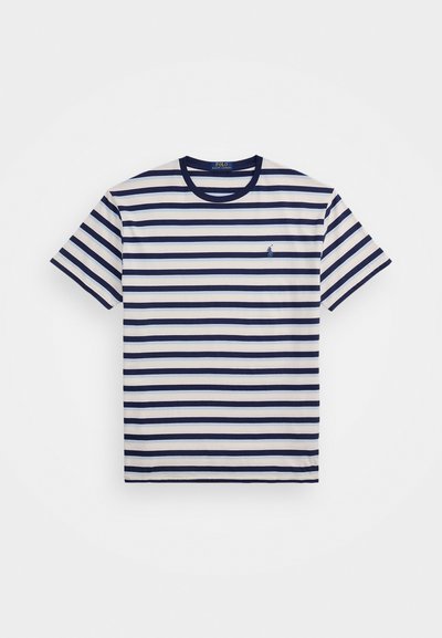 Marinblå och vitrandig bomull t-shirt med runt halsringning, korta ärmar och en liten logotyp på vänster bröst. Mjuk textur.