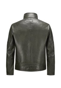 Dunkelgrüne Lederjacke mit hohem Kragen, langen Ärmeln und sauberen Nähten, die eine glatte Textur und ein minimalistisches Design aufweist.