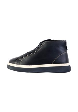 Black leather high-top sneaker with white rubber sole, contrasting stitching, and six eyelets for laces. Smooth texture with minimal detailing.