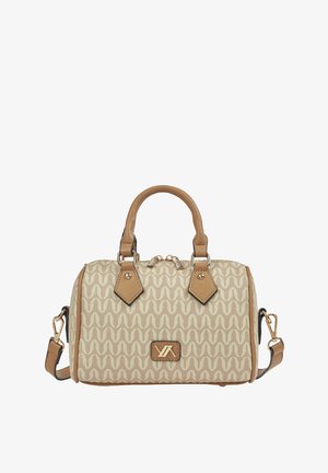 Borsa beige con motivo, manici in pelle color cuoio, tracolla removibile, accessori dorati e una piccola patch rettangolare con logo sul davanti.