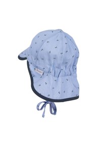 Blue striped hat features small green anchor patterns, dark blue trim, and a tie closure. Soft fabric with a rounded brim and gathered design.