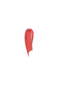 Koraal vloeibare lippenstift swatch met een glanzende afwerking, met een gladde textuur en een gebogen, langwerpige vorm, op een witte achtergrond.