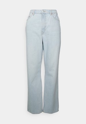 Hooggetailleerde, lichtblauwe denim jeans met een knoop- en ritssluiting, voorzakken en rechte, brede pijpen.