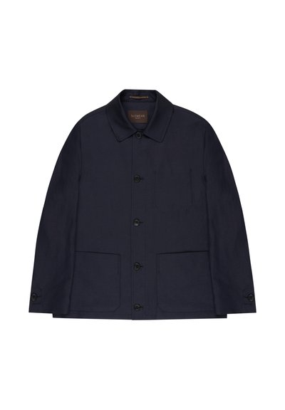 Marineblaue Jacke aus leichtem Stoff, mit Kragen, vorderen Knöpfen, zwei Fronttaschen und einer dezenten Textur. Markenetikett innen.